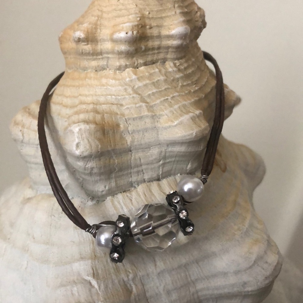 Express brown rope bracelet w/beads & pearl